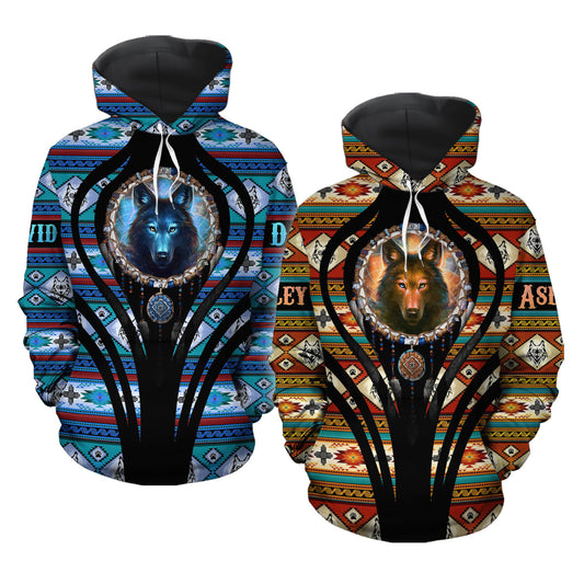 Native Wolf Couple Custom Name All Over Print Valentine Gift Couple Matching 3D Hoodie