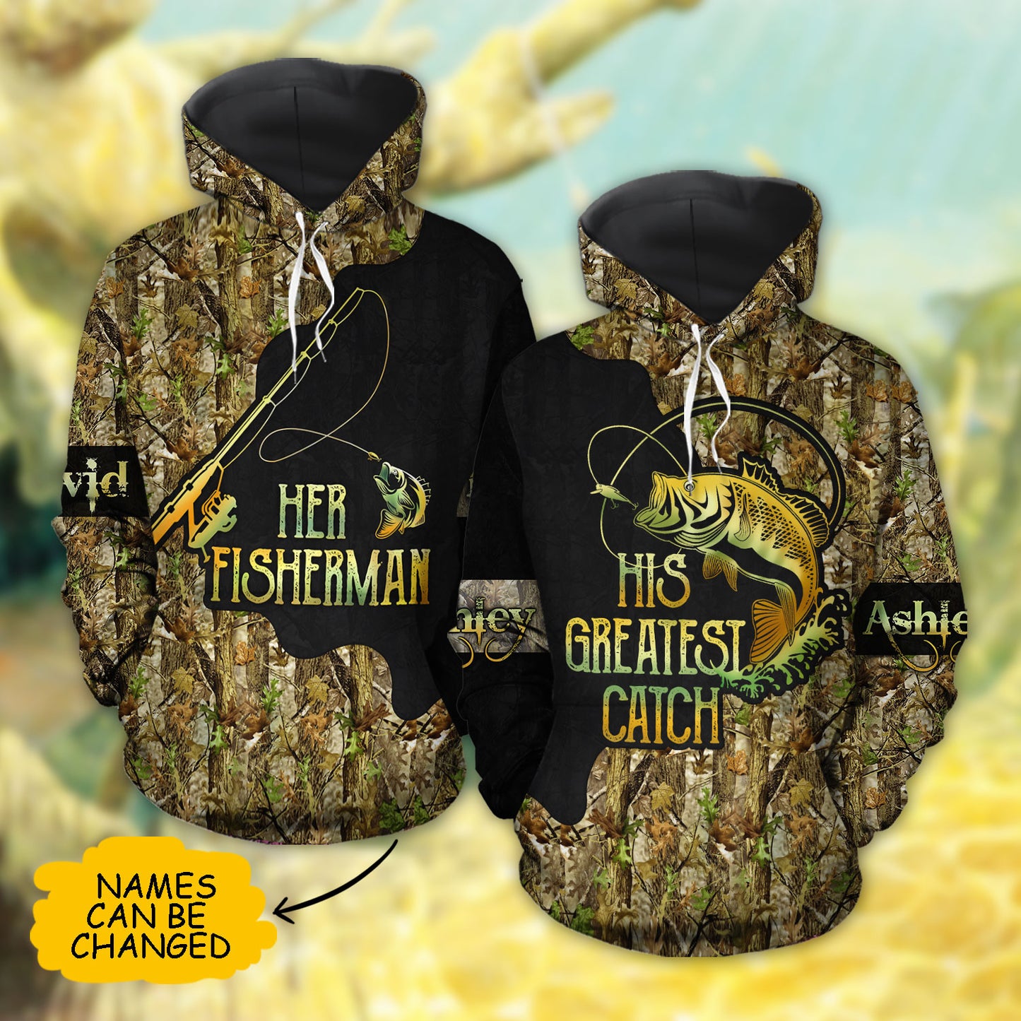 Fishing Her Fisherman His Greatest Catch Custom Name All Over Print Valentine Gift Couple Matching 3D Hoodie