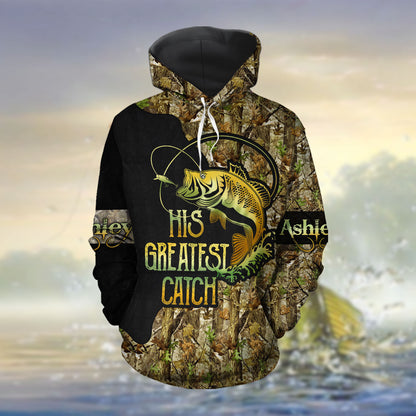 Fishing Her Fisherman His Greatest Catch Custom Name All Over Print Valentine Gift Couple Matching 3D Hoodie