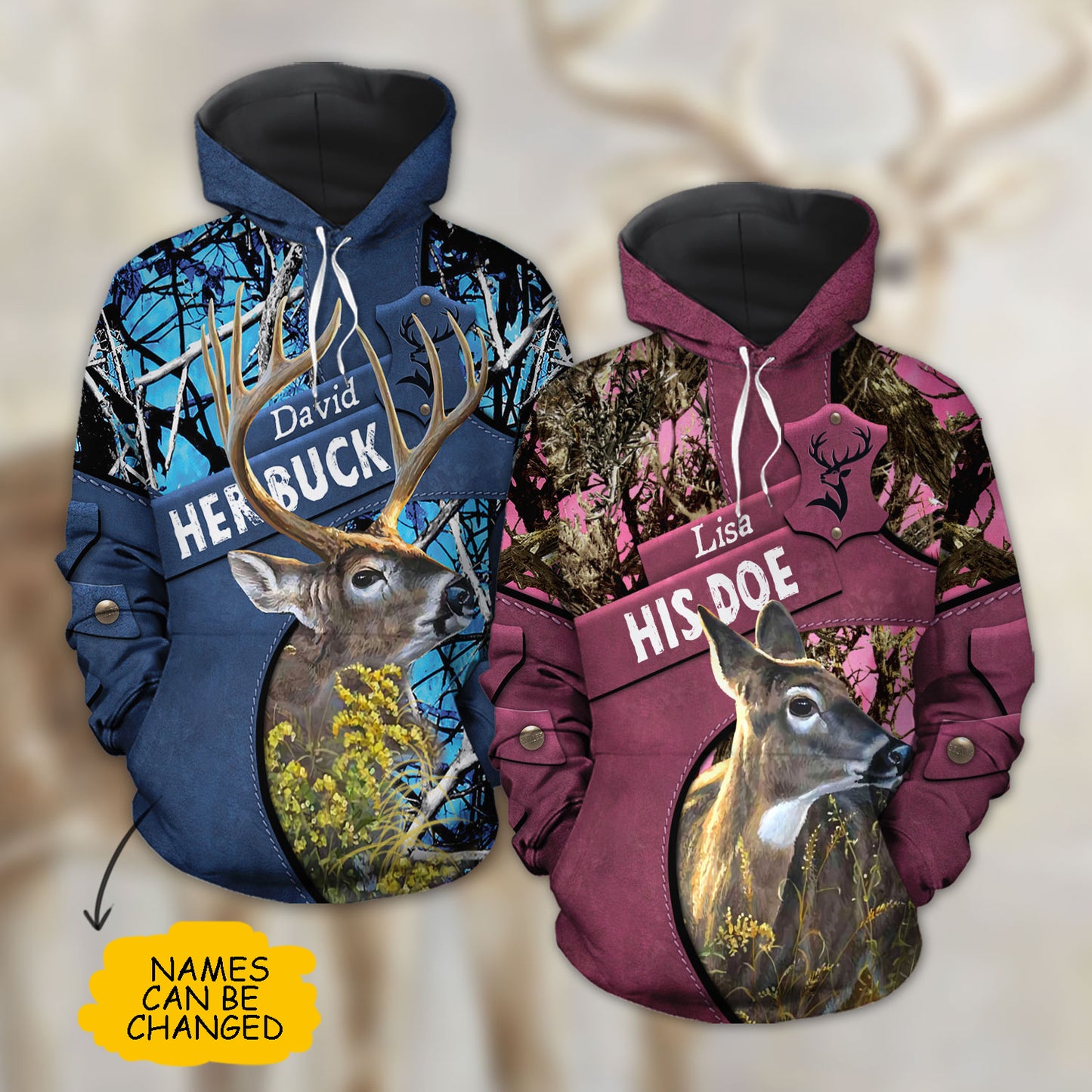 Her Buck His Doe Custom Name Couple Hunting Couple All Over Print Valentine Gift Couple Matching 3D Hoodie