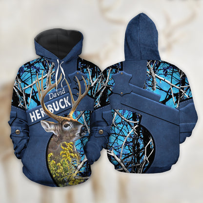Her Buck His Doe Custom Name Couple Hunting Couple All Over Print Valentine Gift Couple Matching 3D Hoodie