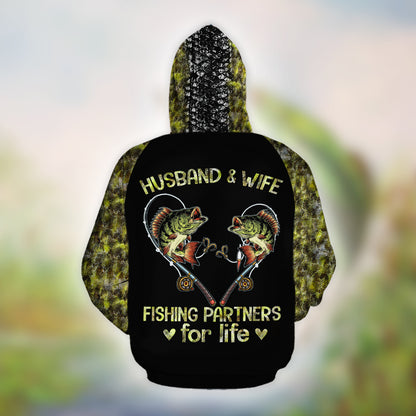 Fishing Husband And Wife Fishing Partner For Life Over Print 3D Matching Hoodie Personalizedwitch For Fisherman