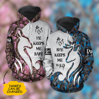 Hunting He Keeps Me Safe She Keeps Me Wild Custom Name All Over Print Valentine Gift Couple Matching 3D Hoodie For Couple