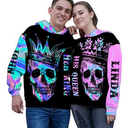 Skull Color Beauty King And Queen Custom Name All Over Print Valentine Gift Couple Matching 3D Hoodie Personalizedwitch For Couple