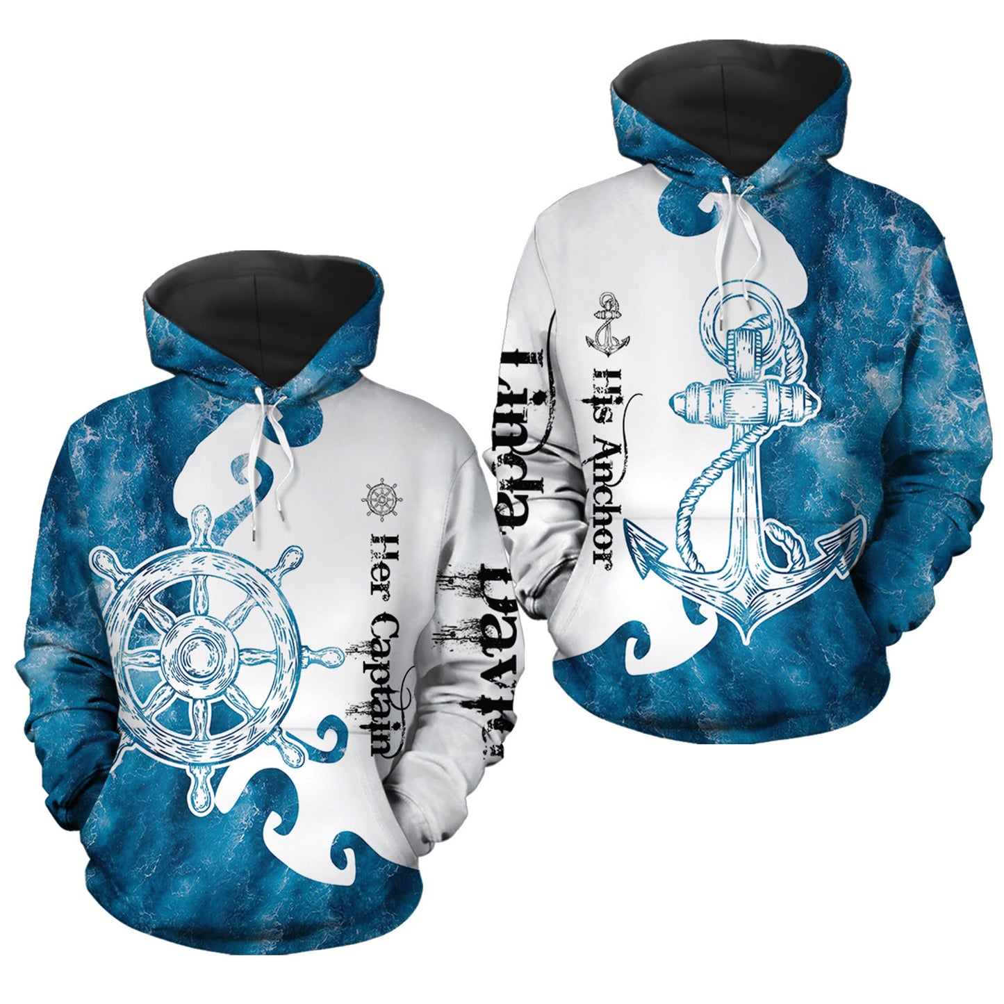 Her Captain His Anchor Custom Name All Over Print Valentine Gift Couple Matching 3D Hoodie For Couple