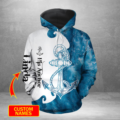 Her Captain His Anchor Custom Name All Over Print Valentine Gift Couple Matching 3D Hoodie For Couple