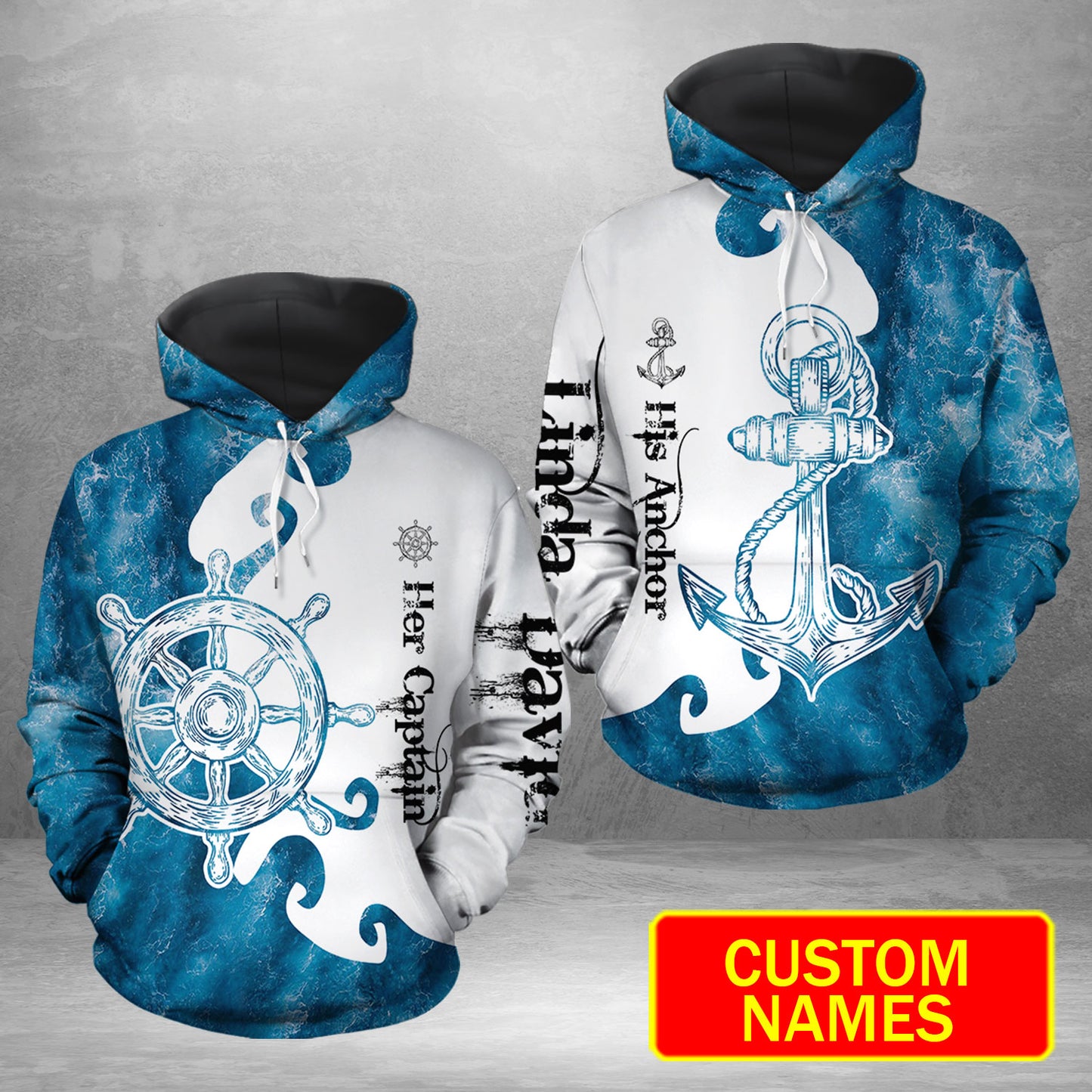 Her Captain His Anchor Custom Name All Over Print Valentine Gift Couple Matching 3D Hoodie For Couple