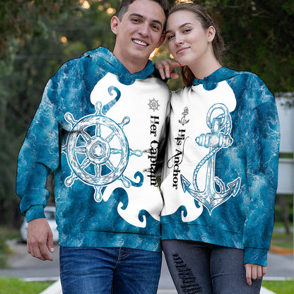 Her Captain His Anchor Custom Name All Over Print Valentine Gift Couple Matching 3D Hoodie For Couple