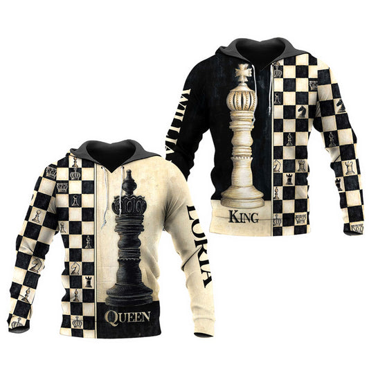 Her King His Queen Chess Pattern Custom Name All Over Print Valentine Gift Couple Matching 3D Hoodie For Couple