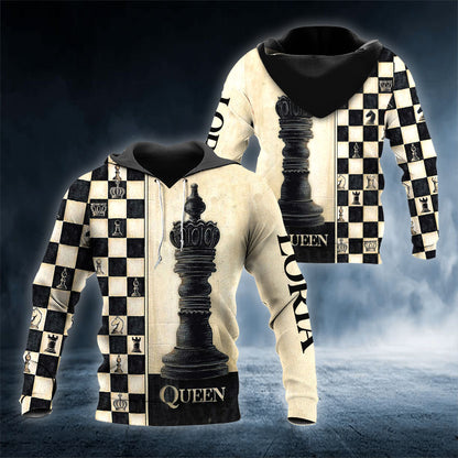 Her King His Queen Chess Pattern Custom Name All Over Print Valentine Gift Couple Matching 3D Hoodie For Couple