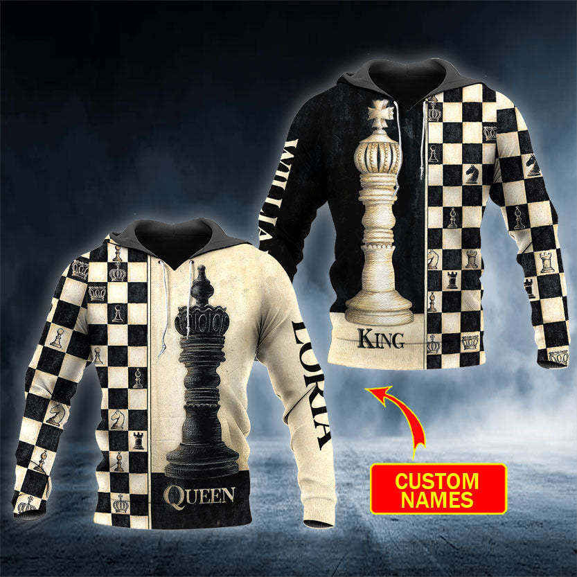 Her King His Queen Chess Pattern Custom Name All Over Print Valentine Gift Couple Matching 3D Hoodie For Couple