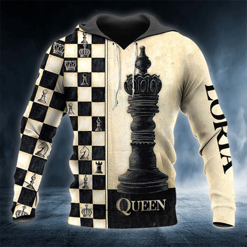 Her King His Queen Chess Pattern Custom Name All Over Print Valentine Gift Couple Matching 3D Hoodie For Couple