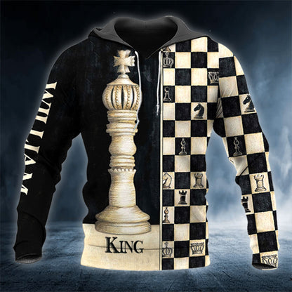 Her King His Queen Chess Pattern Custom Name All Over Print Valentine Gift Couple Matching 3D Hoodie For Couple