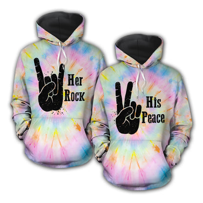 Her Rock His Peace Tie Dye All Over Print Valentine Gift Couple Matching 3D Hoodie For Couple