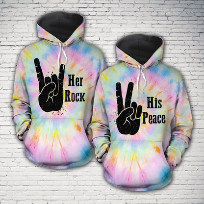 Her Rock His Peace Tie Dye All Over Print Valentine Gift Couple Matching 3D Hoodie For Couple