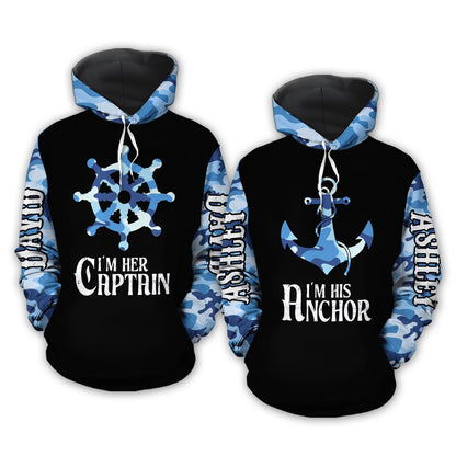 Her Captain His Anchor Custom Name All Over Print Valentine Gift Couple Matching 3D Hoodie For Couple