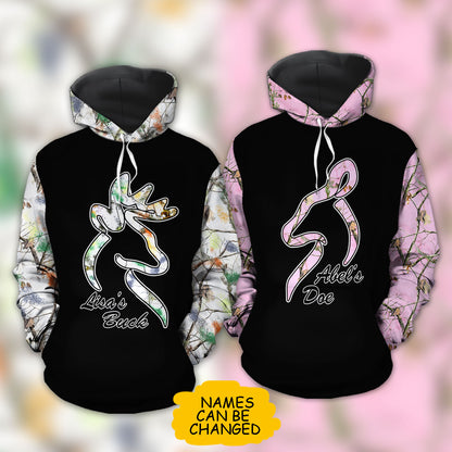 Her Buck His Doe Custom Name All Over Print Valentine Gift Couple Matching 3D Hoodie For Couple