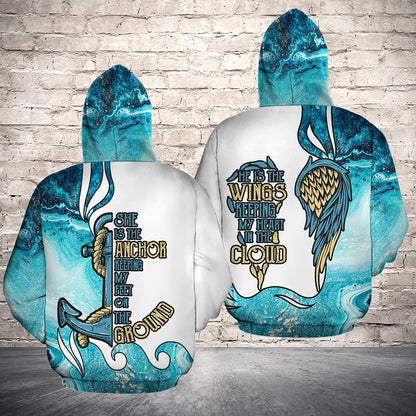 She Is The Anchor He Is The Wings All Over Print Valentine Gift Couple Matching 3D Hoodie