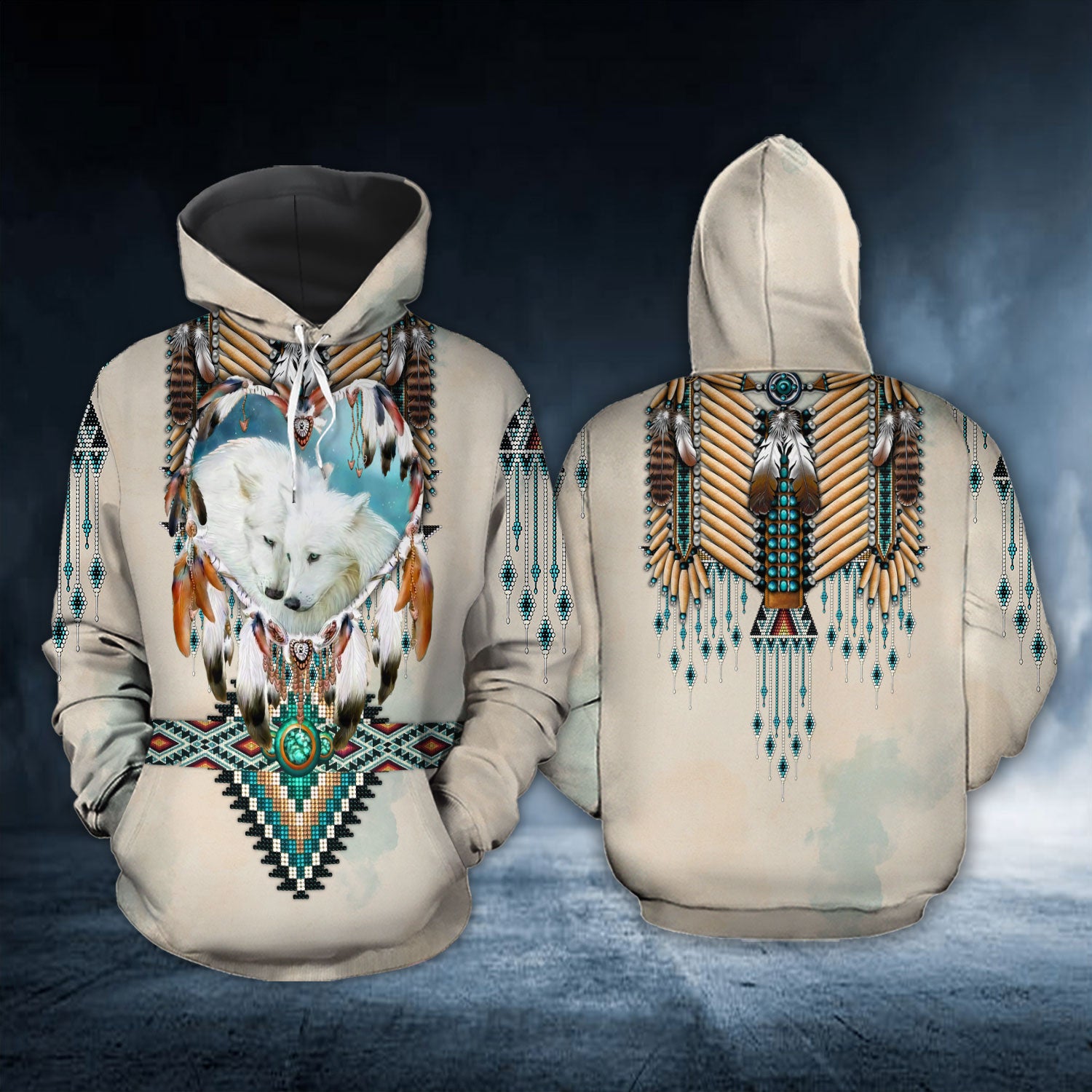 Wolf Couple Native American Pattern All Over Print 3D Hoodie