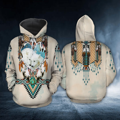 Wolf Couple Native American Pattern All Over Print 3D Hoodie Personalizedwitch For Wolf Lover