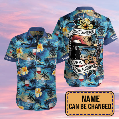 Somewhere Over The Rainbow Wine Couple Custom Name Matching Hawaiian Shirt