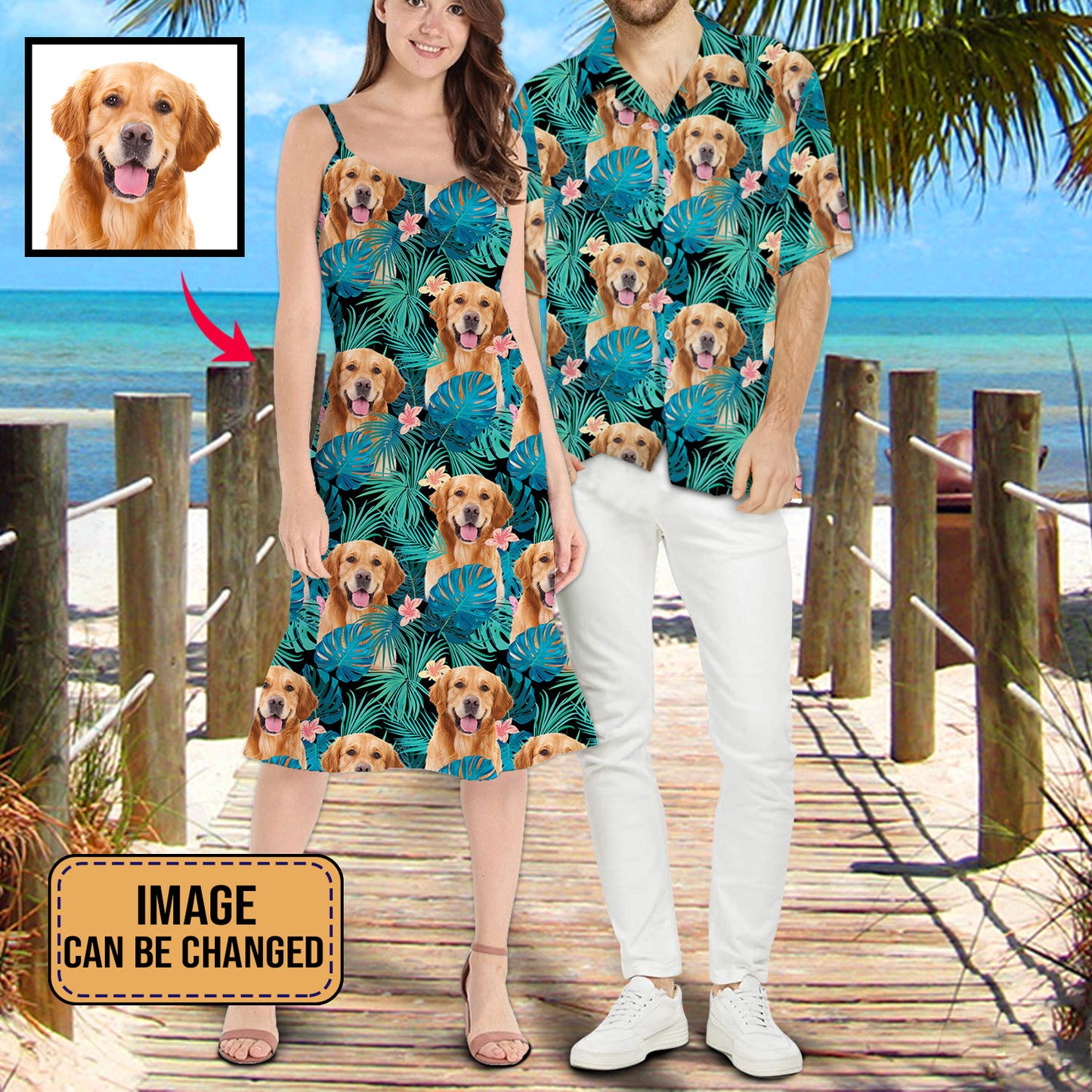 Custom Dog Image Tropical Leaf Matching Hawaiian Outfit