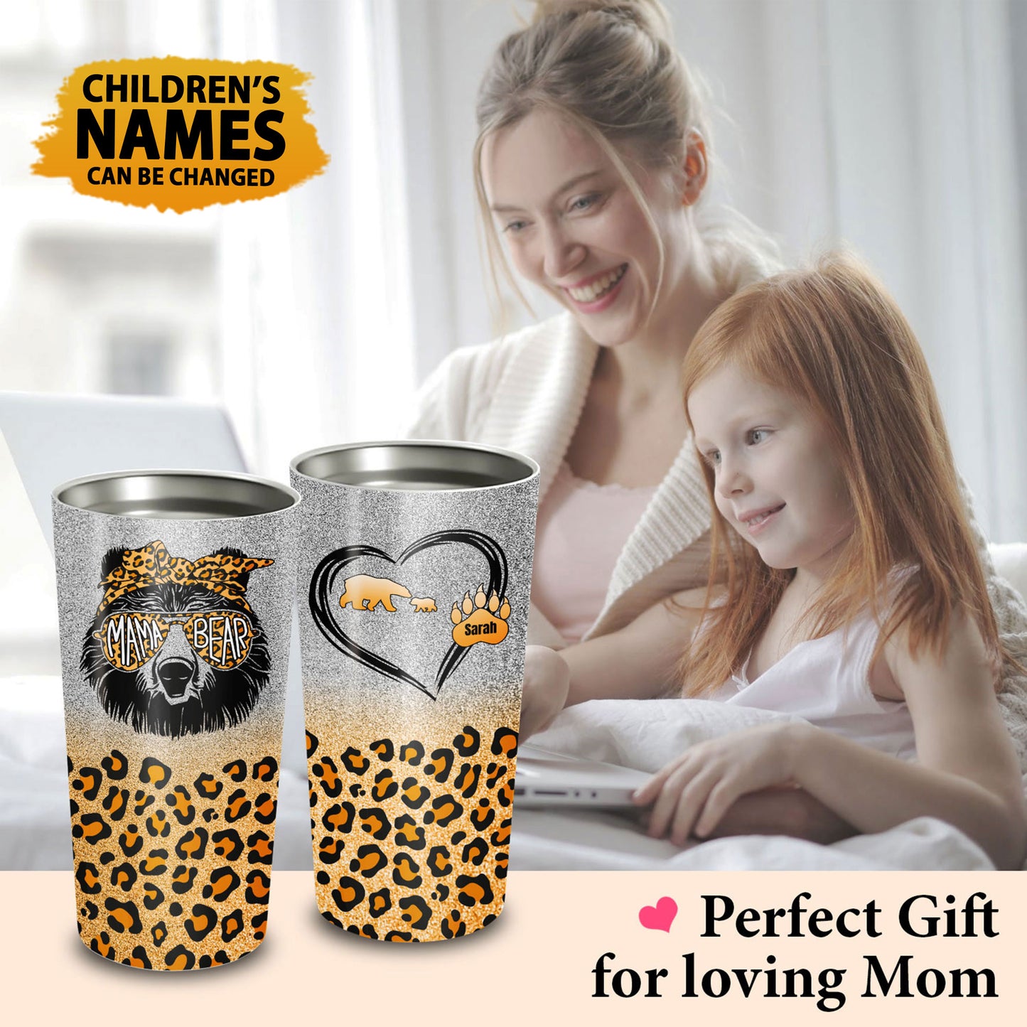 Mama Bear Glitter Leopard Custom Name Tumbler