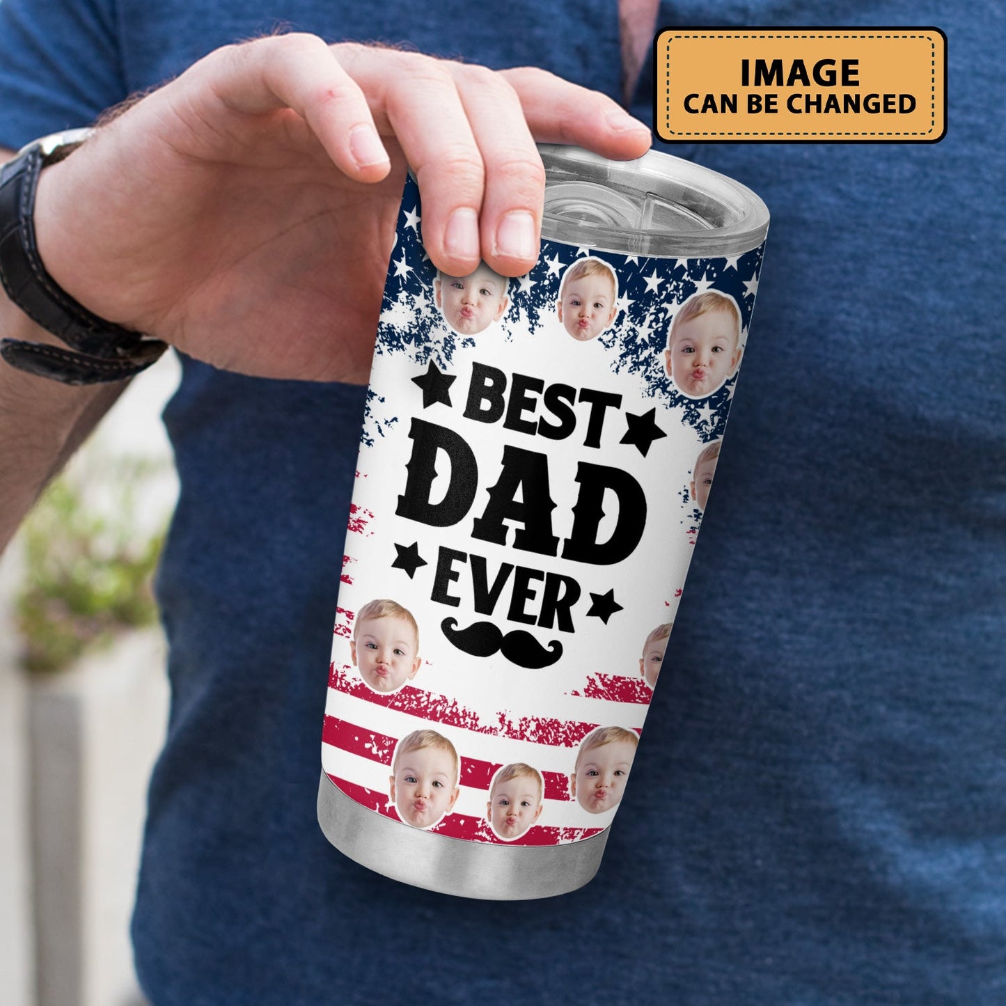 Best Dad Ever New Dad USA Flag Personalized Face 20Oz Tumbler