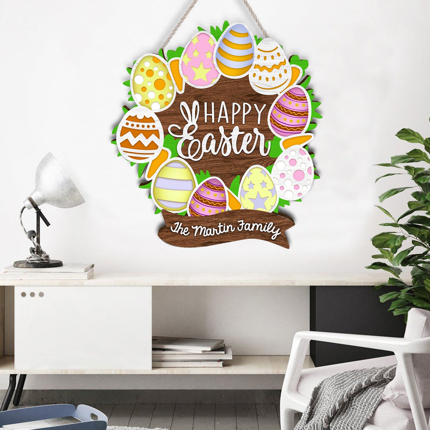 Custom Name Happy Easter Egg Wreath Wooden Sign Personalizedwitch