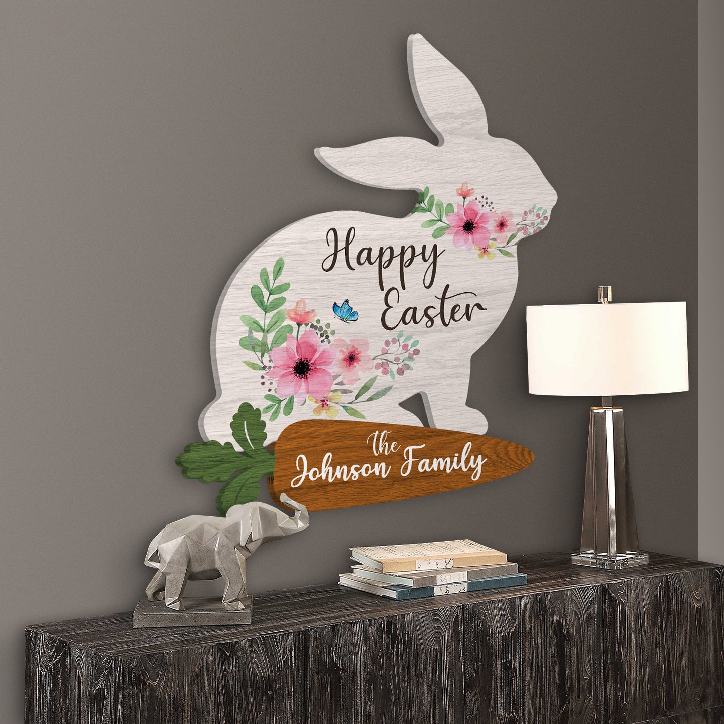 Custom Name Happy Easter Rabbit Flower Wooden Sign Personalizedwitch