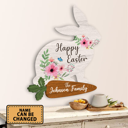 Custom Name Happy Easter Rabbit Flower Wooden Sign Personalizedwitch