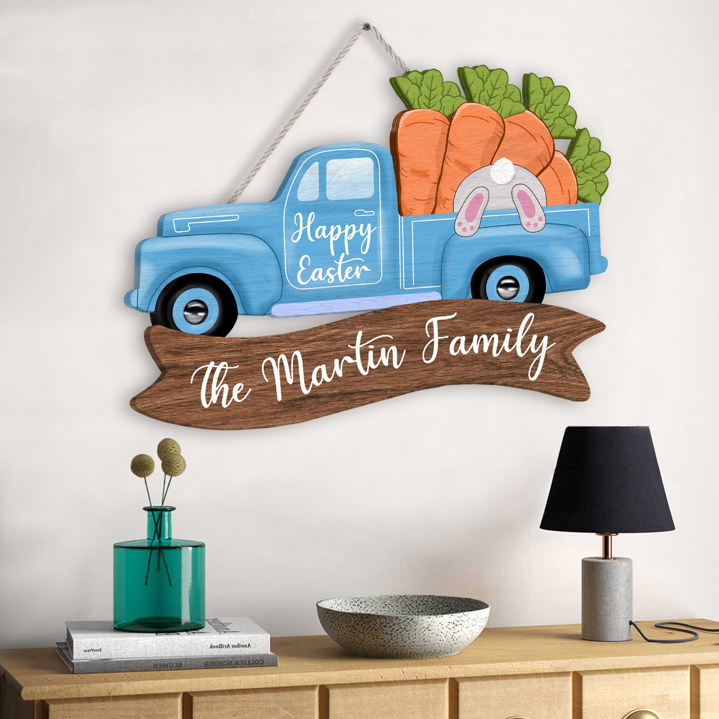 Custom Name Happy Easter Carrot Truck Decoration Wooden Sign Personalizedwitch