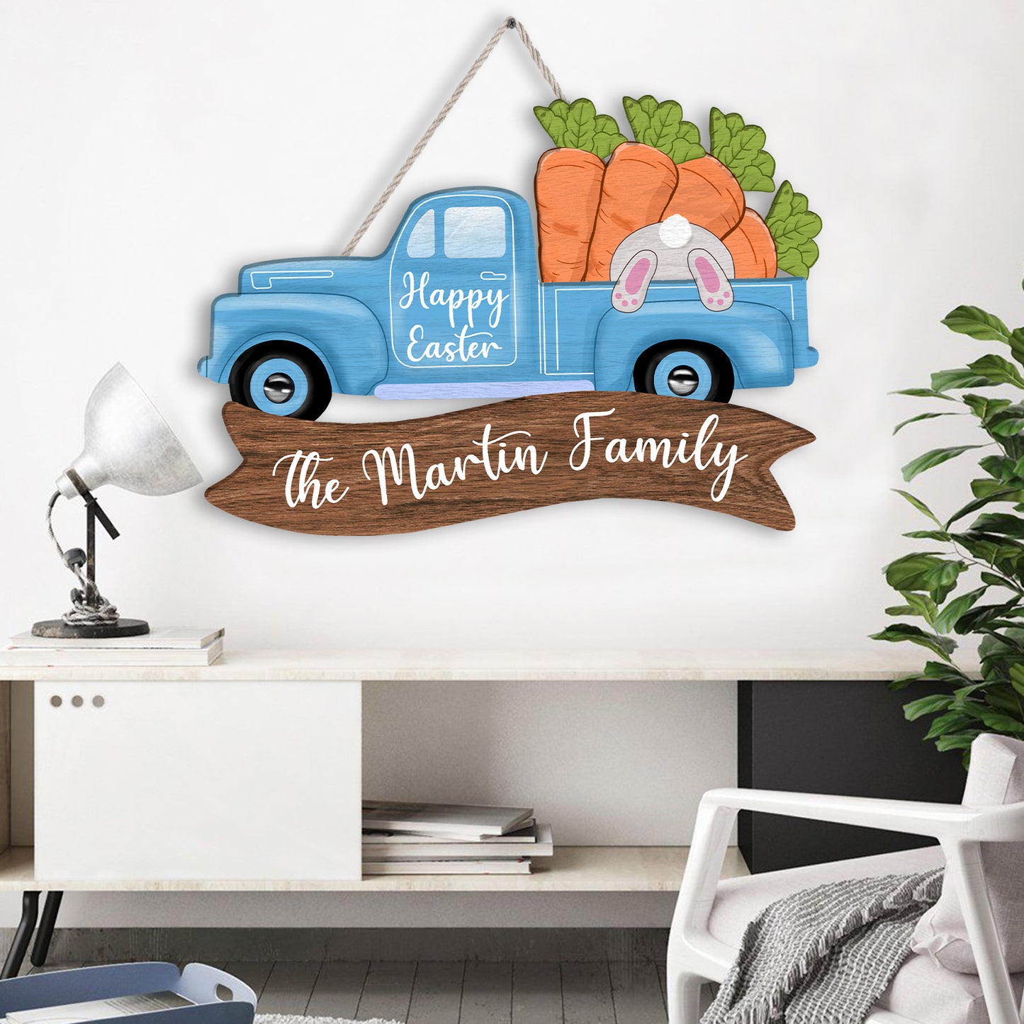 Custom Name Happy Easter Carrot Truck Decoration Wooden Sign Personalizedwitch