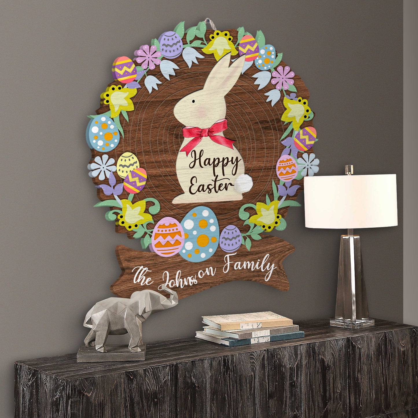 Custom Name Happy Easter Wreath Egg Decoration Wooden Sign Personalizedwitch