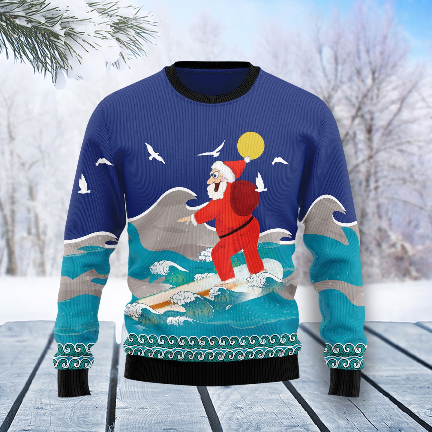 Surfing Santa T2511 unisex womens & mens, couples matching, friends, funny family ugly christmas holiday sweater gifts (plus size available)
