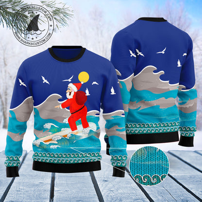 Surfing Santa T2511 unisex womens & mens, couples matching, friends, funny family ugly christmas holiday sweater gifts (plus size available)