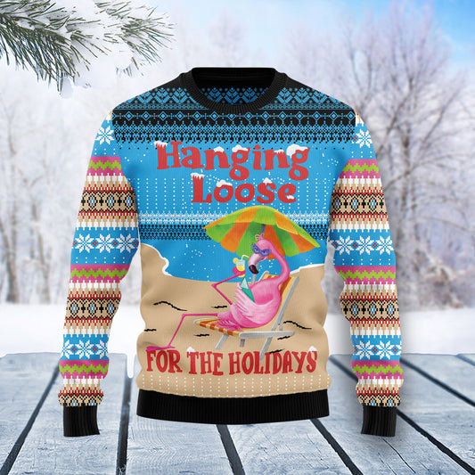 Flamingo Hanging Loose T2411 unisex womens & mens, couples matching, friends, funny family ugly christmas holiday sweater gifts (plus size available)