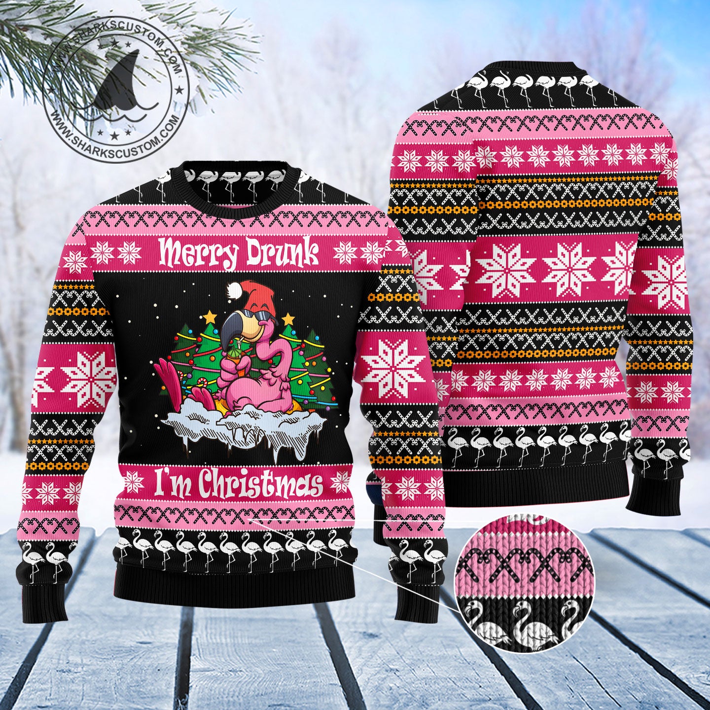 Flamingo Drunk Christmas T2511 unisex womens & mens, couples matching, friends, funny family ugly christmas holiday sweater gifts (plus size available)