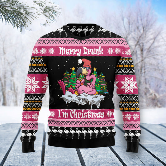 Flamingo Drunk Christmas T2511 unisex womens & mens, couples matching, friends, funny family ugly christmas holiday sweater gifts (plus size available)