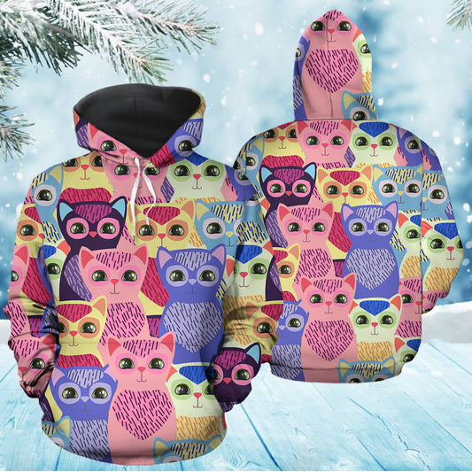 Cat Colorful Group T2611 unisex womens & mens, couples matching, friends, funny family sublimation 3D hoodie christmas holiday gifts (plus size available)