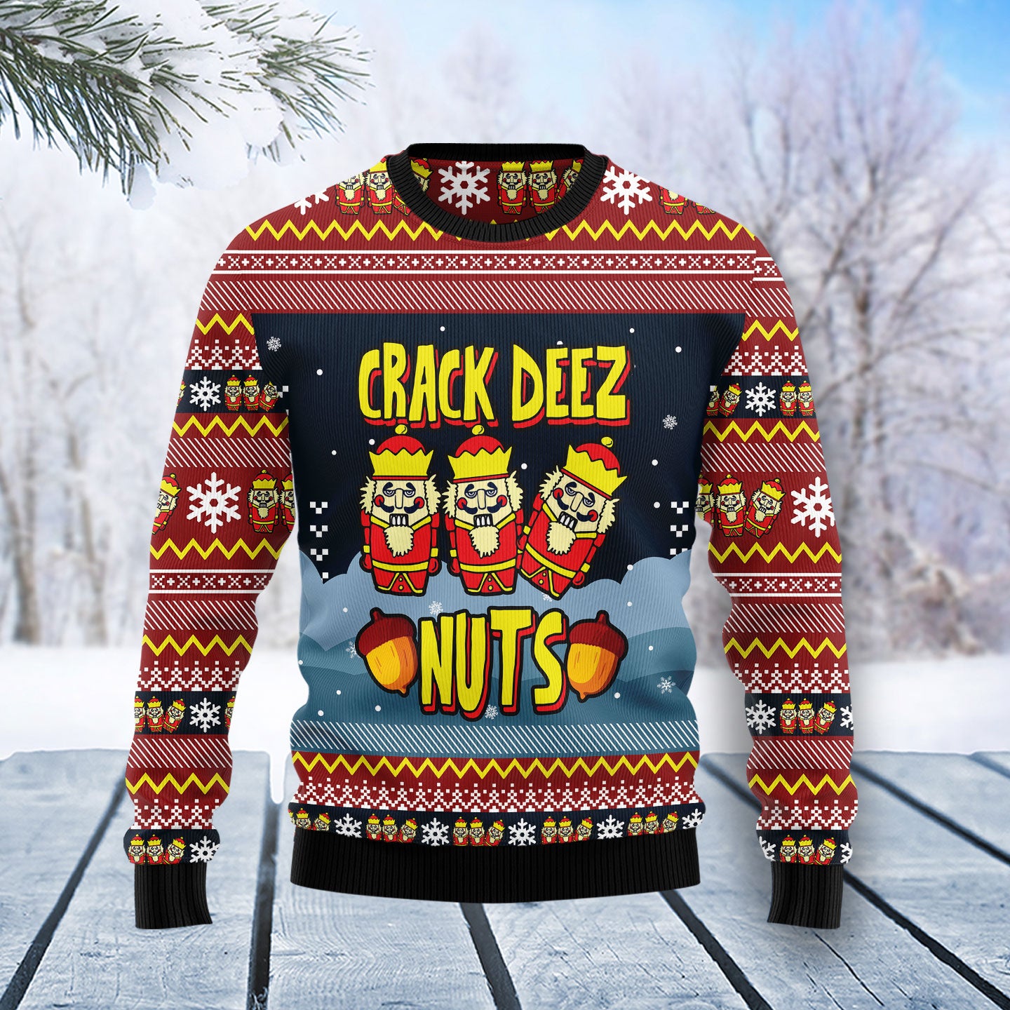 Nutcracker Crack Deez Nuts T2611 unisex womens & mens, couples matching, friends, funny family ugly christmas holiday sweater gifts (plus size available)