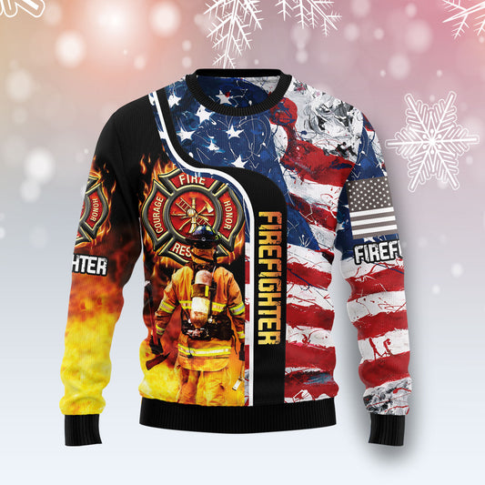 Firefighter USA Flag T0112 unisex womens & mens, couples matching, friends, funny family ugly christmas holiday sweater gifts (plus size available)