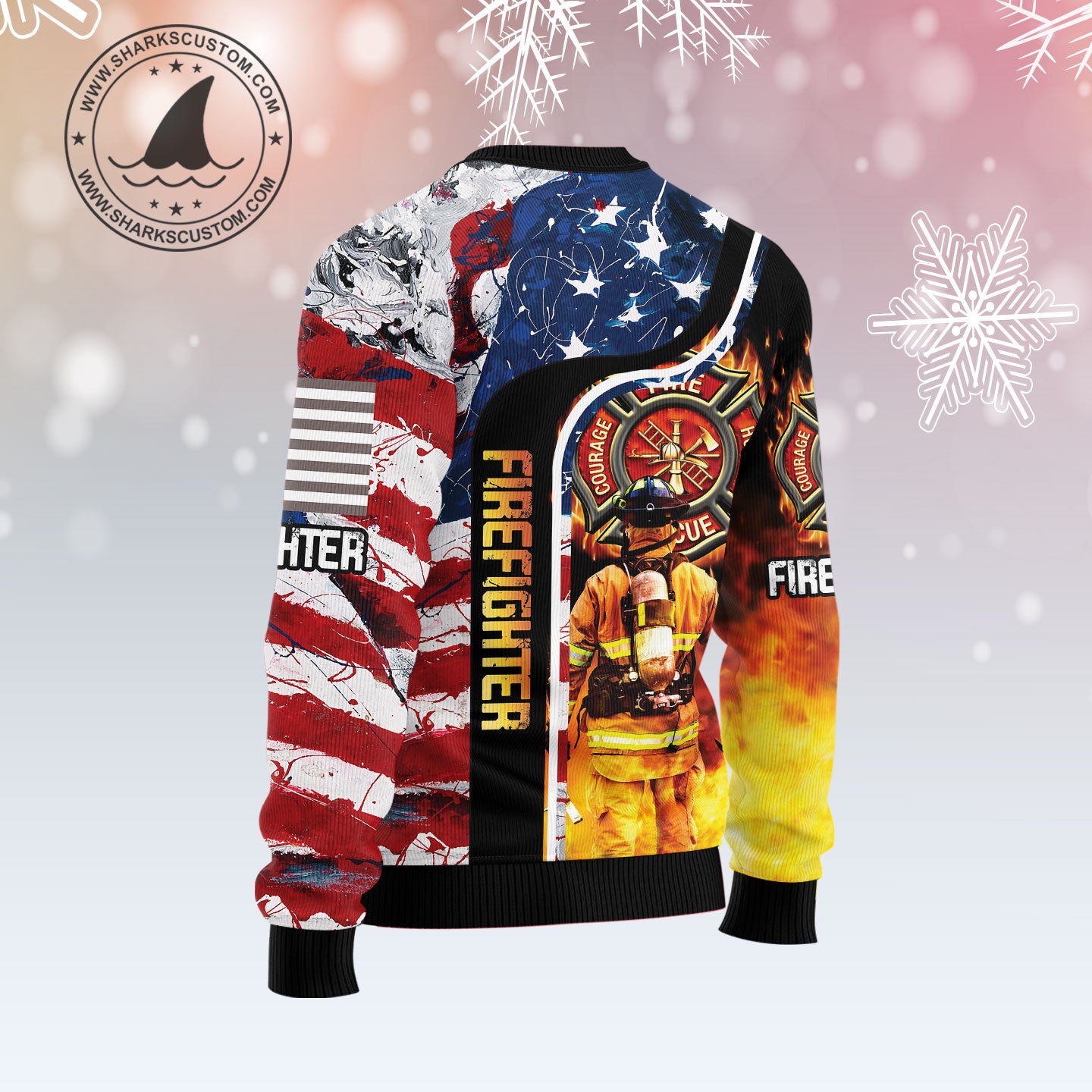 Firefighter USA Flag T0112 unisex womens & mens, couples matching, friends, funny family ugly christmas holiday sweater gifts (plus size available)