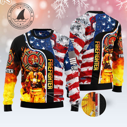 Firefighter USA Flag T0112 unisex womens & mens, couples matching, friends, funny family ugly christmas holiday sweater gifts (plus size available)