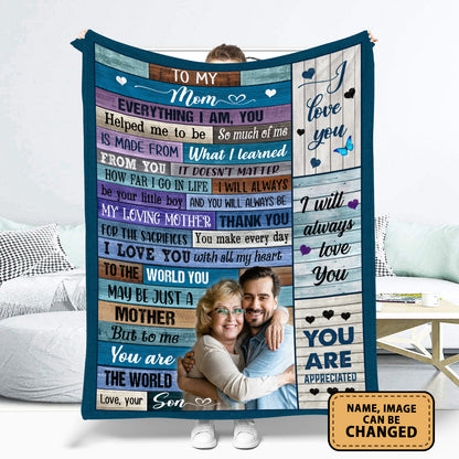 To My Mom Everything I Am You Helped Me Personalized Fleece Blanket