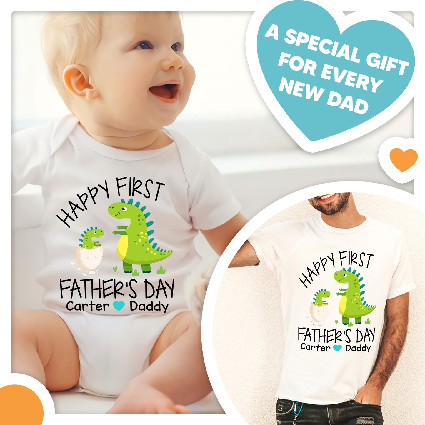 Happy First Fathers Day Papasaurus Dad & Baby Custom Matching Outfit