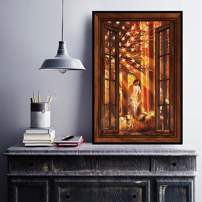 American Flag Jesus Walking With The Lambs Window Poster