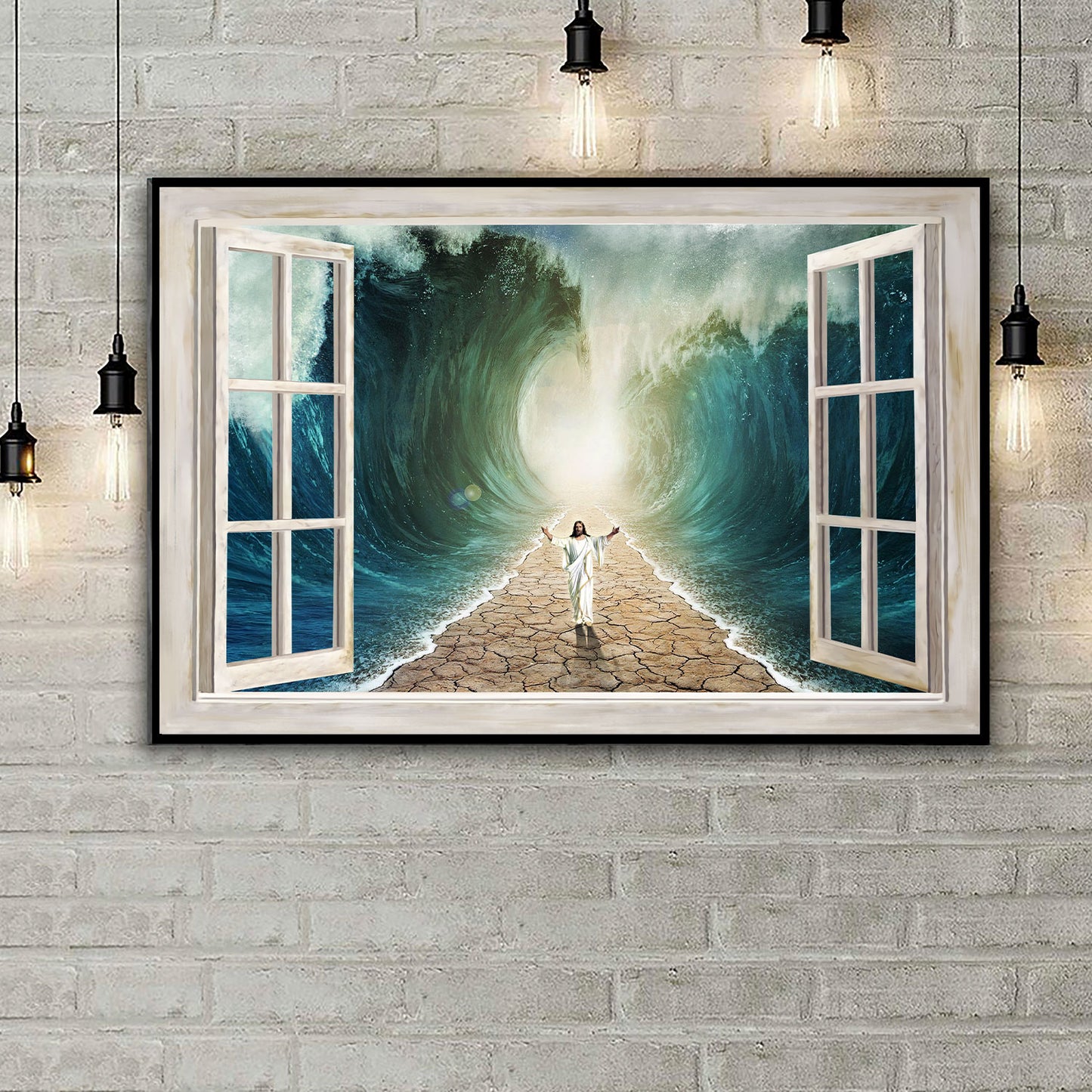 Parted Sea With Jesus WalKing On Dry Ground Window Frame Poster