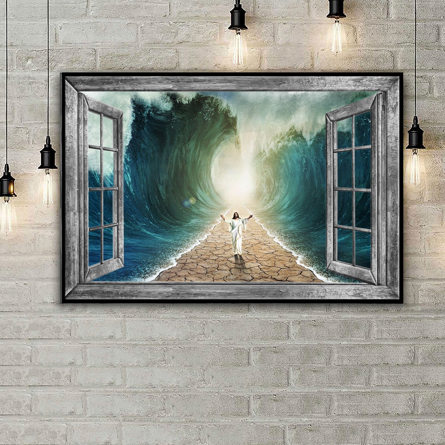 Parted Sea With Jesus WalKing On Dry Ground Window Frame Poster