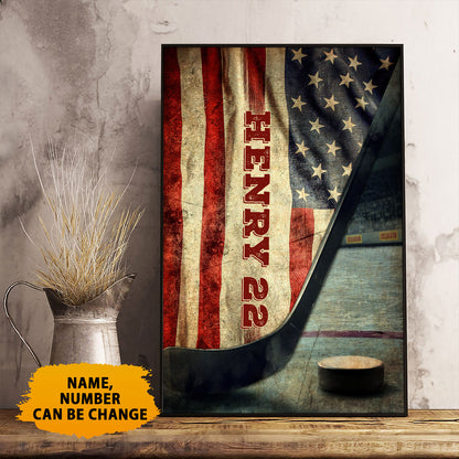 Hockey Vintage Hockey Stick & Puck with American Flag Personalized Poster